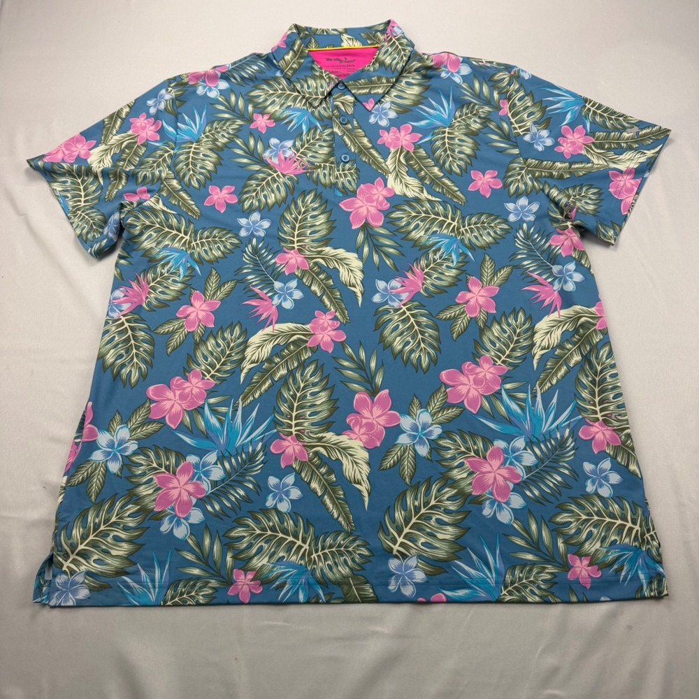 Birdie Bound‎ Polo Shirt Mens 2XL Blue Pink Tropical Floral Performance Golf Top
